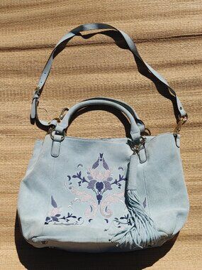 G.I.L.I Got It Love It Heavy Genuine Leather Blue Bag Tote Purse Embroidered